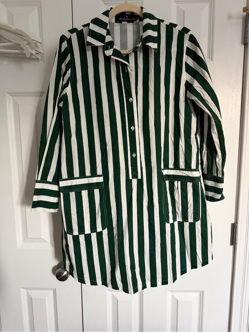 Pomander Place Green and White Striped Shirt Dress